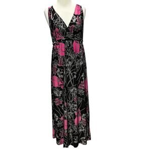 Ambrielle Y2K Maxi Dress M Black Pink Floral Empire Tie Whimsygoth Dark Fairy